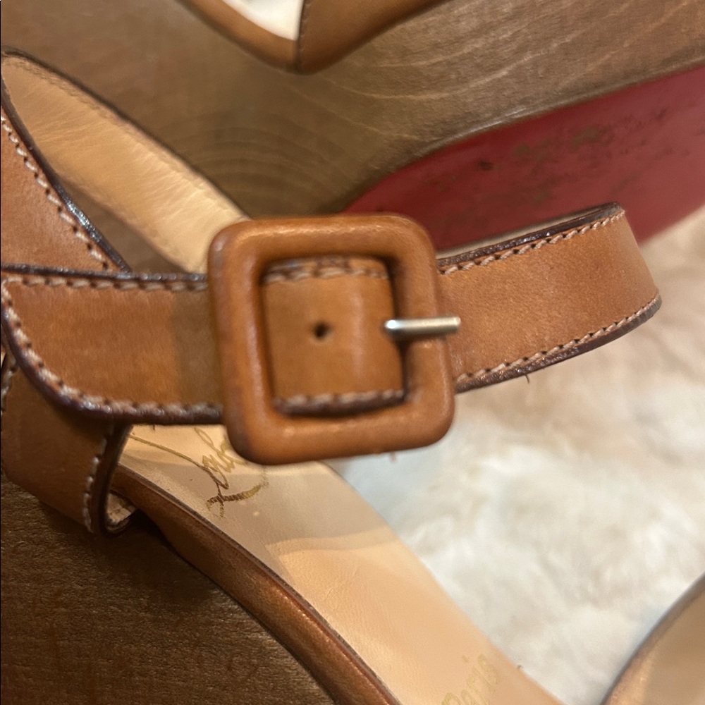 Authentic Christian Louboutin Leather Tan Wooden Wedge Sandals US size 6 - Picture 15 of 16